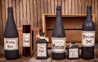 Potion bottles on rustic wooden planks